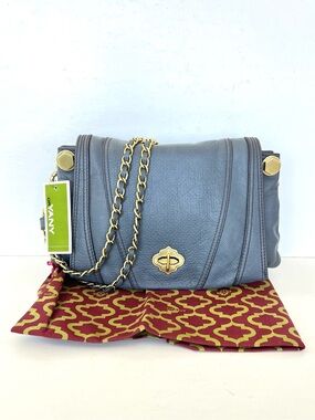 NWT orYANY Navy Pebbled Leather Gold Chain Leather Handles Clutch Shoulder Bag